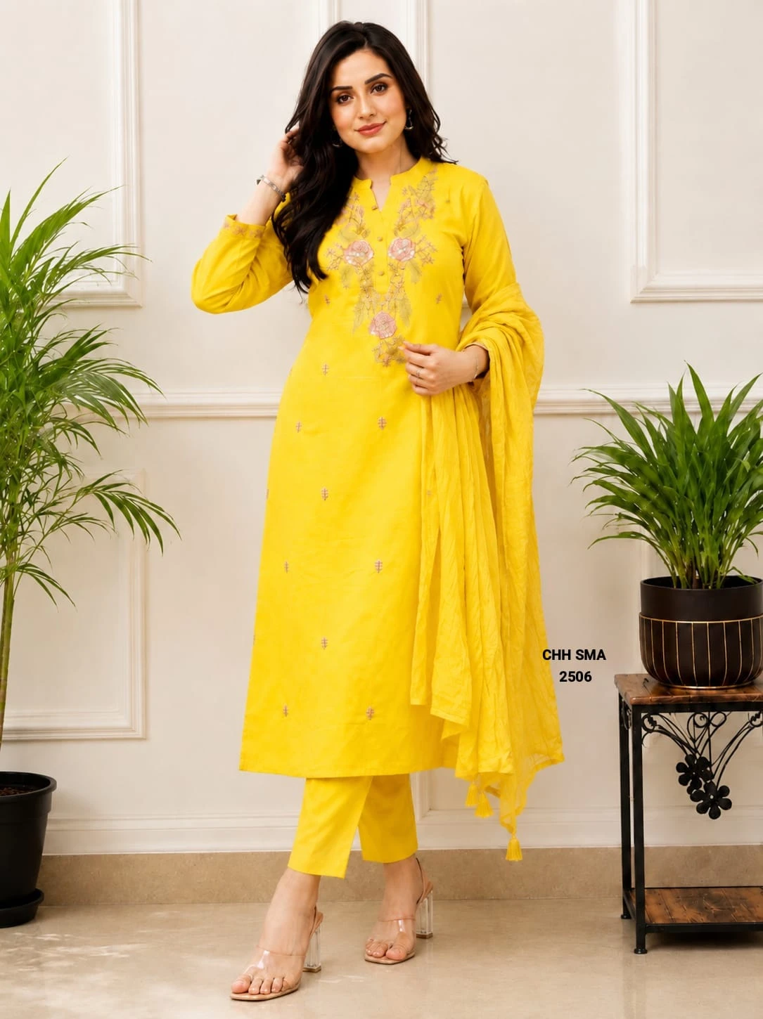 Floral Embroidered Straight Kurta, Pant, and Dupatta Set.